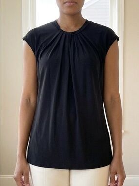 Liz Claiborne Career Black Pleated Neck Sleeveless Blouse Back Zipper Medium EUC